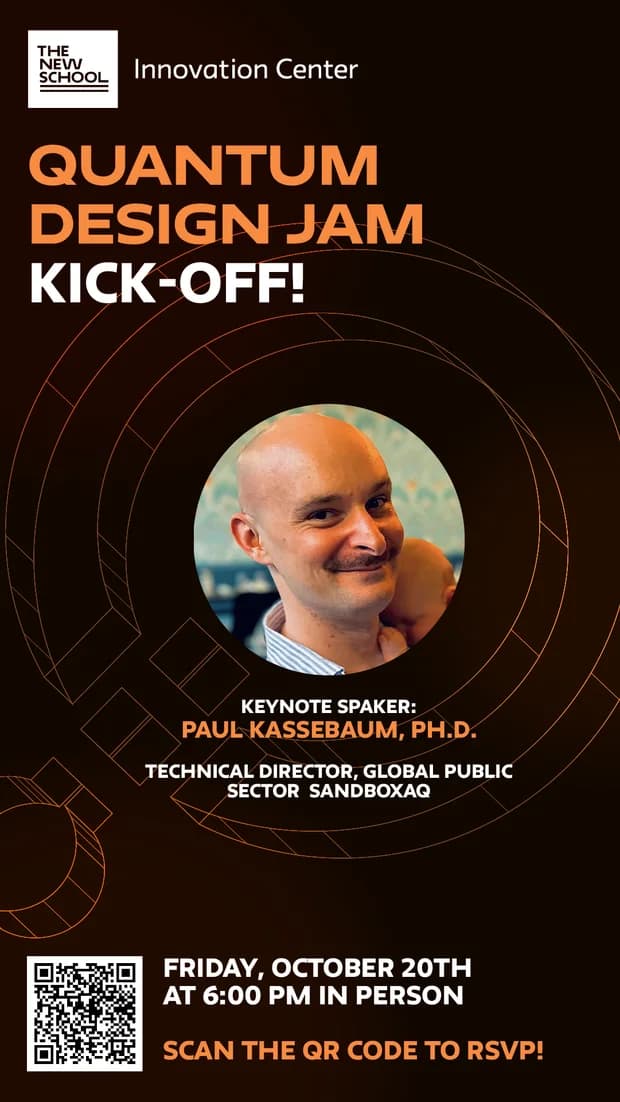 Quantum Design Jam 2023 kick-off poster, billing Paul Kassebaum of SandboxAQ as keynote speaker on Friday October 20th